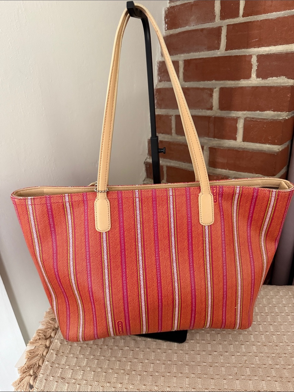 Coach Pink and Orange Striped Canvas Tote with Tan Leather Handles - Picture 2 of 8